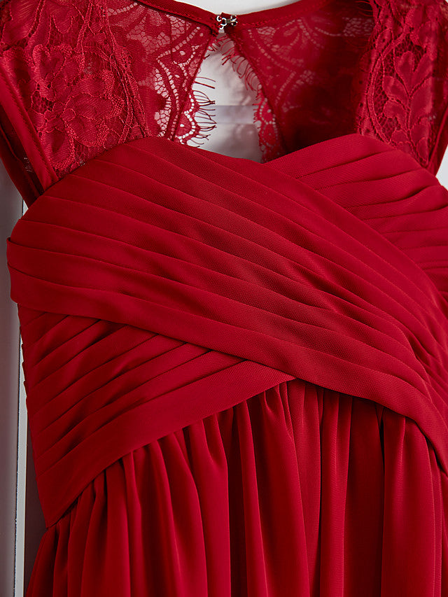 Long A-Line Square Neck Chiffon Junior Bridesmaid Dress With Lace Ruching-Babyonlinedress