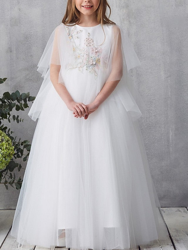Long A-Line Tulle Short Sleeve Jewel Neck Pageant Flower Girl Dresses-Babyonlinedress