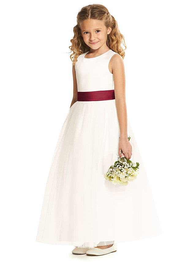 Long A-Line Tulle Sleeveless Jewel Neck Wedding Party Flower Girl Dresses-Babyonlinedress