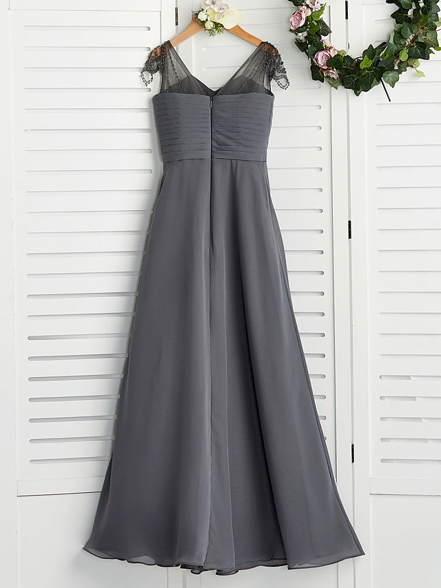 Long A-Line V Neck Chiffon Junior Bridesmaid Dress-Babyonlinedress