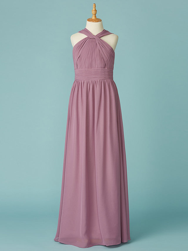Long A-Line V Neck Chiffon Junior Bridesmaid Dress With Ruffles-Babyonlinedress