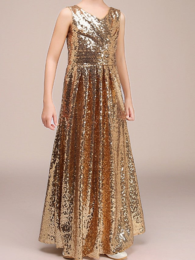 Long A-Line V neck Sequined Pageant Flower Girl Dresses-Babyonlinedress