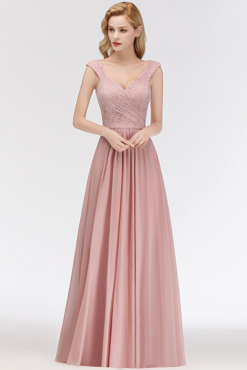 Long A-line V-neck Sweetheart Sleeveless Lace Chiffon Bridesmaid Dresses-Babyonlinedress
