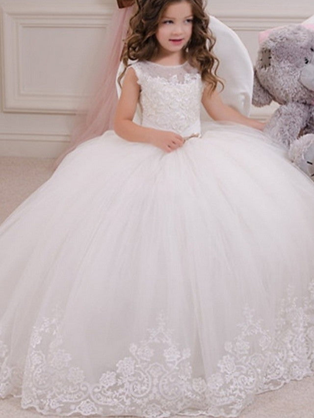 Long Ball Gown Jewel Neck Event Party Birthday Flower Girl Dresses With Appliques-Babyonlinedress