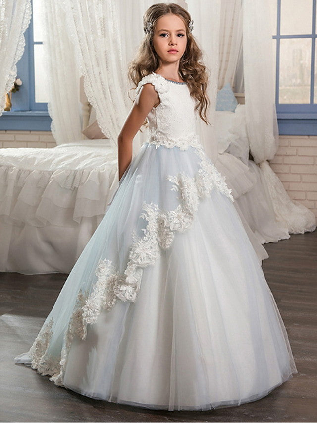 Long Ball Gown Jewel Neck Wedding Event Party Flower Girl Dresses With Lace Appliques-Babyonlinedress