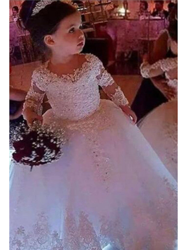Long Ball Gown Lace Jewel Neck Wedding Flower Girl Dresses with Sleeves-Babyonlinedress