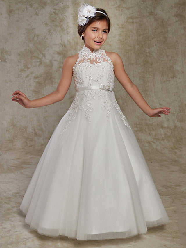 Long Ball Gown Lace Sleeveless High Neck Wedding Party Flower Girl Dresses With Beading Appliques-Babyonlinedress
