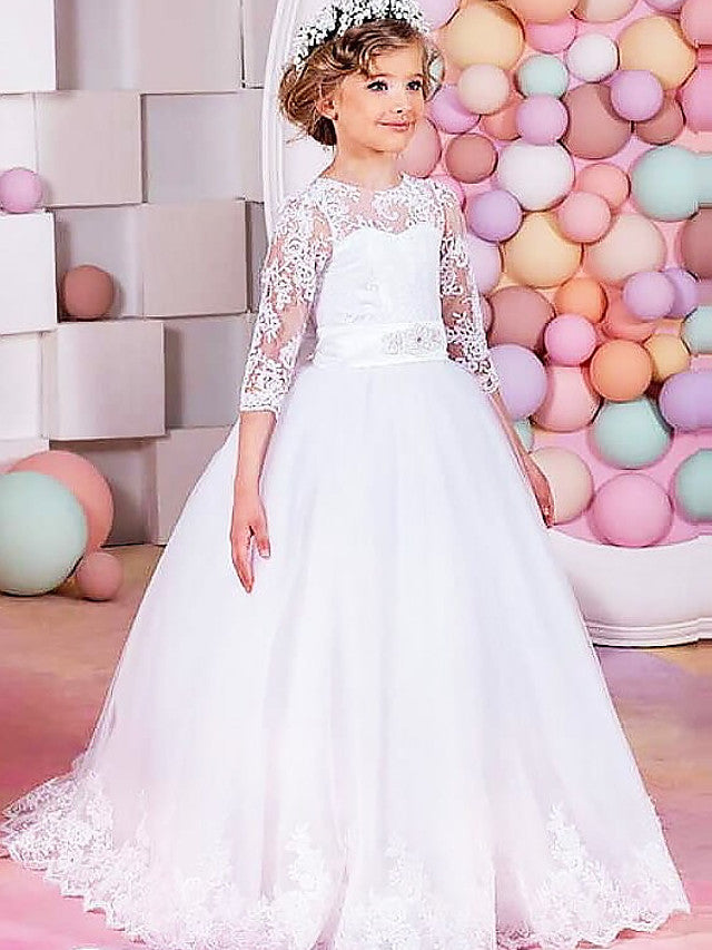Long Ball Gown Lace Tulle Half Sleeve Jewel Neck Wedding Party Flower Girl Dresses-Babyonlinedress
