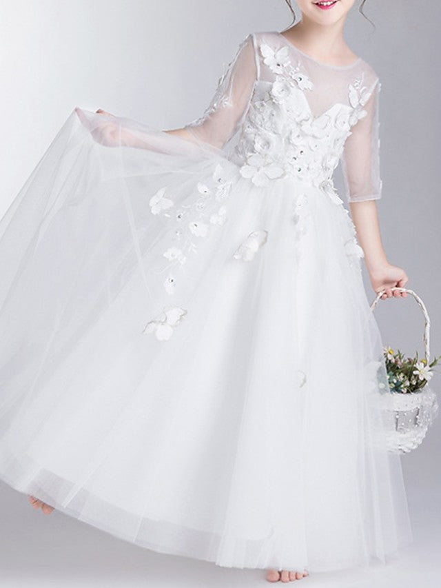Long Ball Gown Polyester Jewel Neck First Communion Flower Girl Dresses with Sleeves-Babyonlinedress