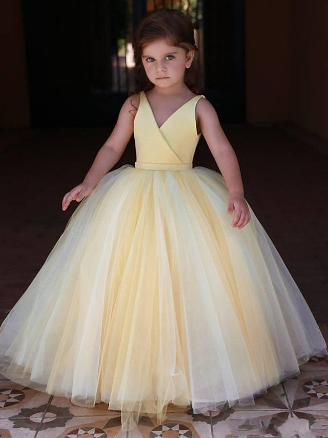 Long Ball Gown Satin Tulle Sleeveless V Neck Wedding Party Flower Girl Dresses-Babyonlinedress