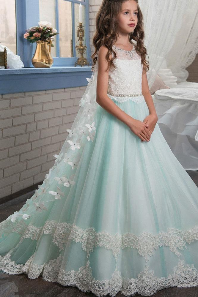 Long Ball Gown Scoop Neck Sleeveless Lace Flower Girl Dresses-Babyonlinedress