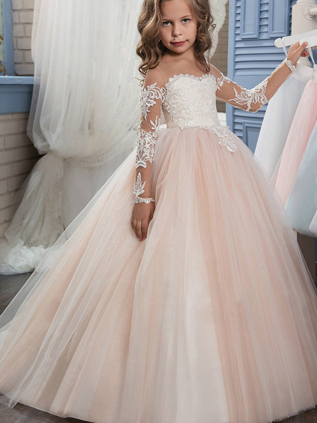 Long Ball Gown Sweep Brush Train Wedding Birthday Pageant Flower Girl Dresses with Sleeves-Babyonlinedress