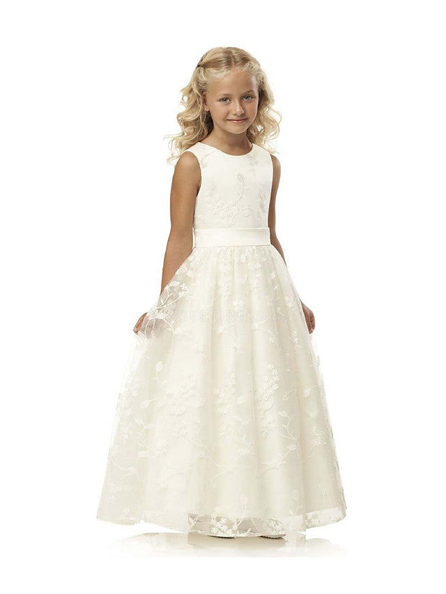 Long Ball Gown Tulle Cotton Jewel Neck First Communion Birthday Flower Girl Dresses-Babyonlinedress