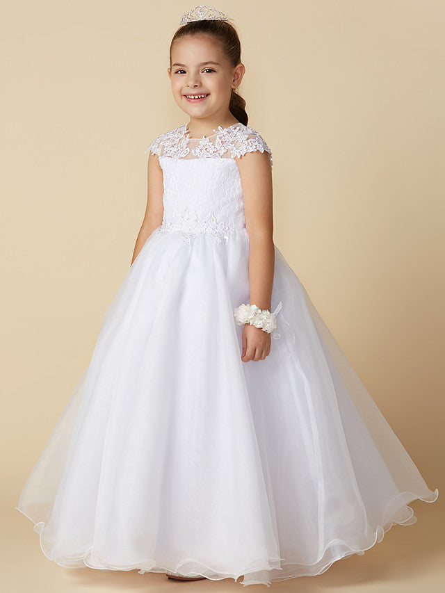 Long Ball Gown Tulle Jewel Neck Wedding First Communion Flower Girl Dresses with Sleeves-Babyonlinedress