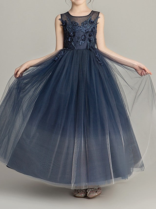 Long Ball Gown Tulle Sleeveless Jewel Neck Pageant Flower Girl Dresses-Babyonlinedress