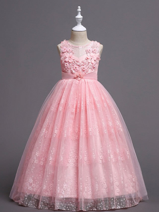 Long Ball Gown Tulle Sleeveless Jewel Neck Wedding Party Flower Girl Dresses-Babyonlinedress