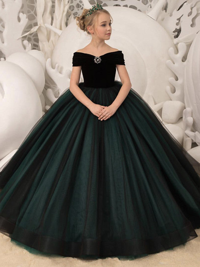 Long Ball Gown Tulle Velvet Off Shoulder Wedding Party Flower Girl Dresses-Babyonlinedress