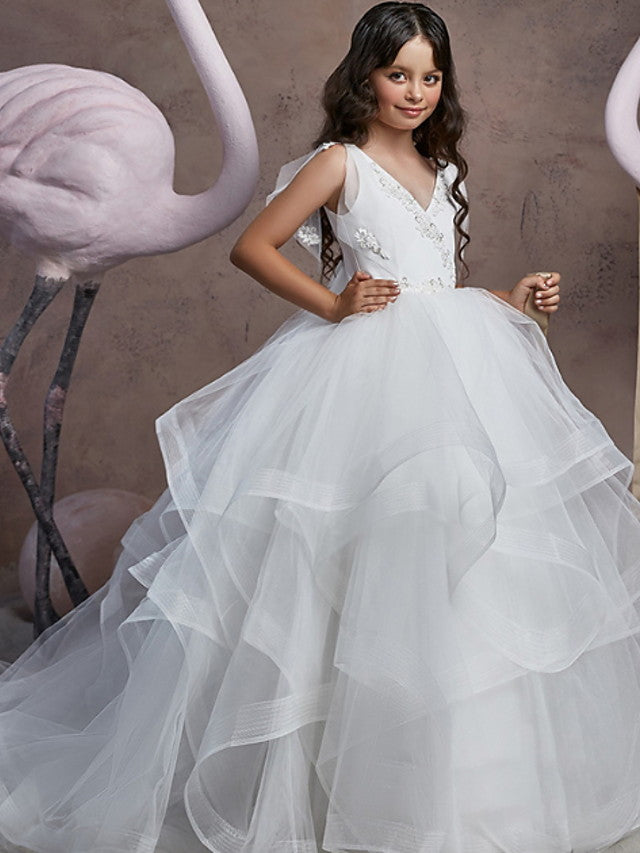 Long Ball Gown V Neck Tulle Party Birthday Flower Girl Dresses-Babyonlinedress