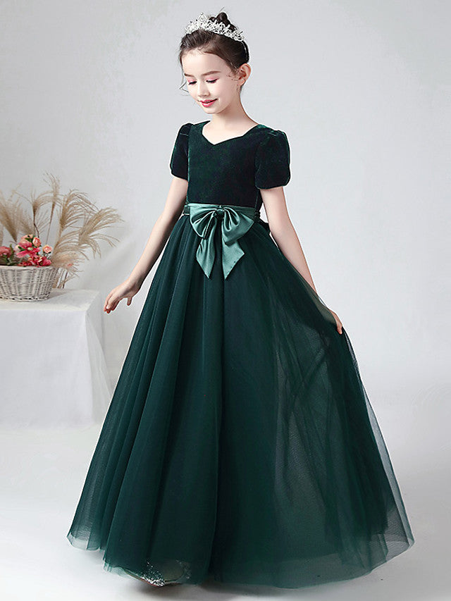 Long Ball Gown Velvet Bateau Neck Wedding Party Flower Girl Dresses with Sleeves-Babyonlinedress