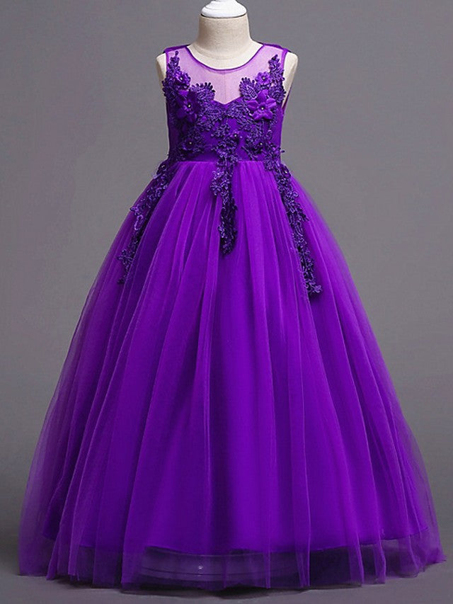 Long Princess Ball Gown Satin Tulle Wedding Party Flower Girl Dresses-Babyonlinedress