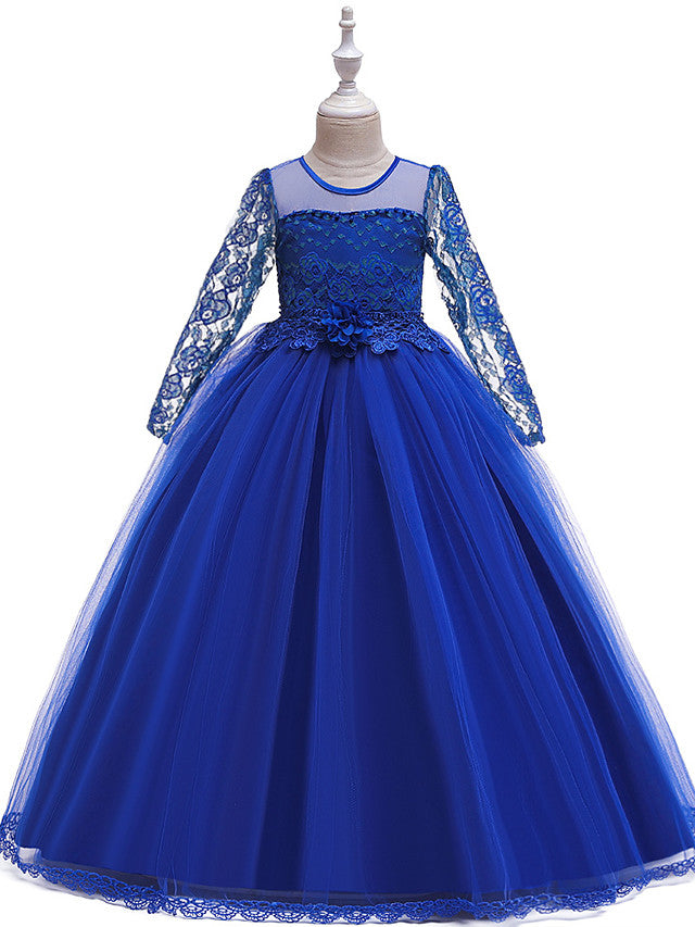 Long Princess Jewel Neck Party Pageant Flower Girl Dresses with Sleeves-Babyonlinedress