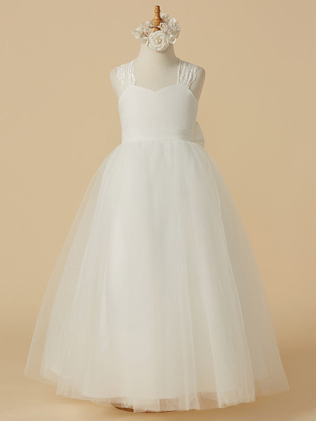 Long Princess Lace Satin Tulle Sleeveless Wedding First Communion Flower Girl Dresses-Babyonlinedress