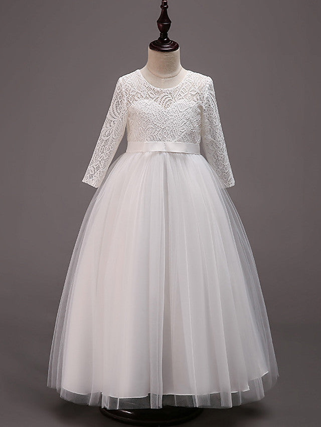 Long Princess Lace Tulle Cotton Jewel Neck Wedding Party Pageant Flower Girl Dresses with Sleeves-Babyonlinedress