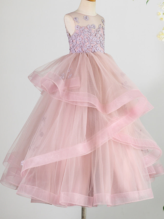 Long Princess Lace Tulle Sleeveless Jewel Neck Wedding Birthday Pageant Flower Girl Dresses-Babyonlinedress