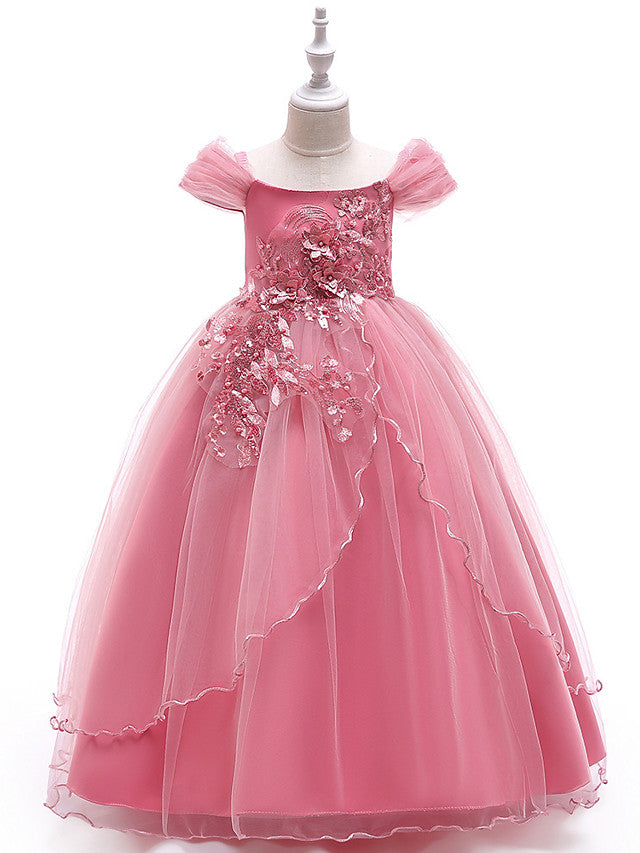 Long Princess Off The Shoulder Tulle Party Pageant Flower Girl Dresses with Sleeves-Babyonlinedress