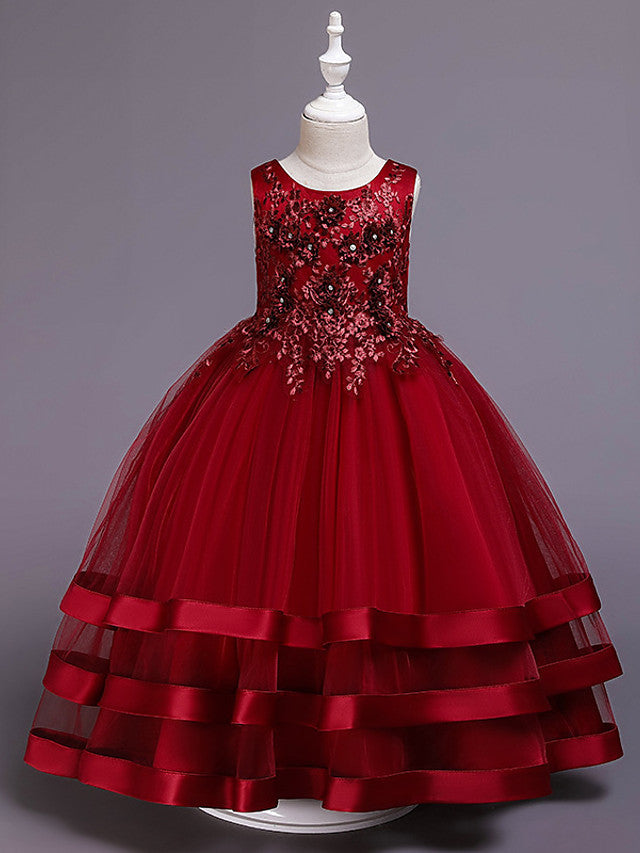 Long Princess Satin Tulle Jewel Neck Wedding Party Pageant Flower Girl Dresses-Babyonlinedress