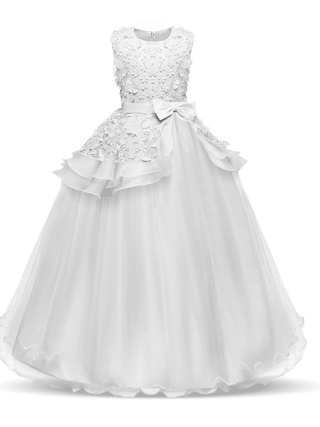 Long Princess Satin Tulle Wedding First Communion Flower Girl Dresses-Babyonlinedress