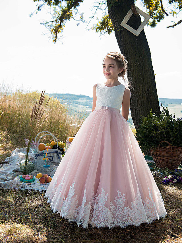 Long Princess Tulle Cotton Jewel Neck Party Birthday Pageant Flower Girl Dresses-Babyonlinedress