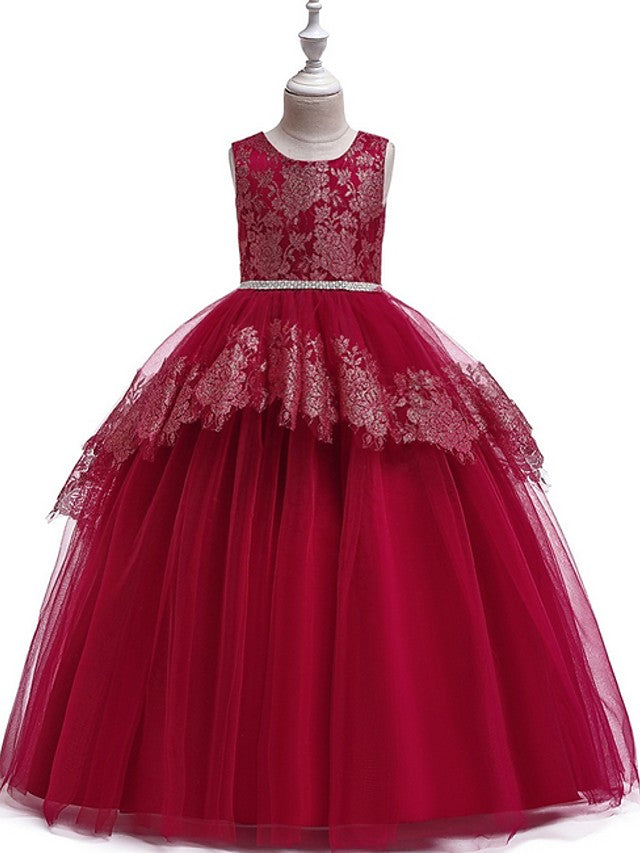 Long Princess Tulle Lace Junior Bridesmaid Dress With Bow-Babyonlinedress