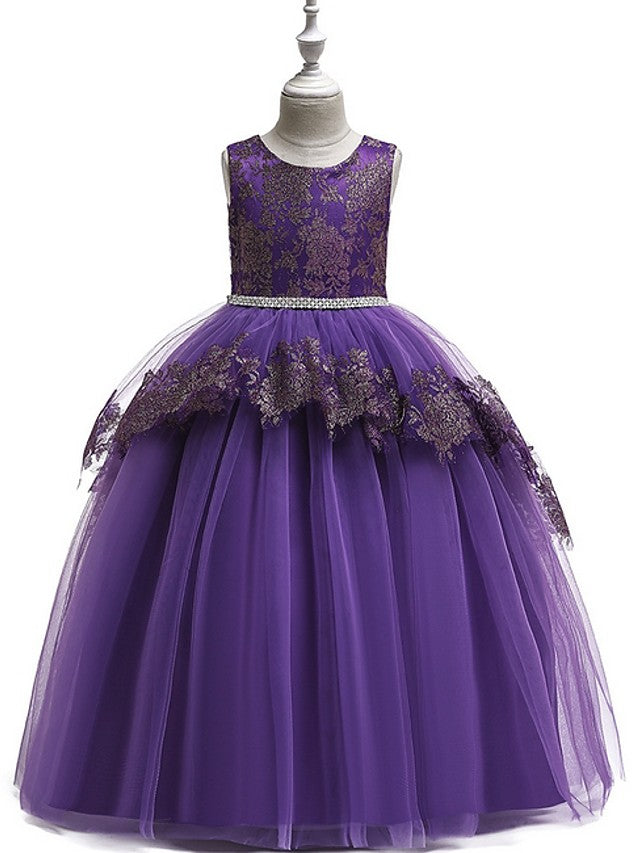 Long Princess Tulle Lace Junior Bridesmaid Dress With Bow-Babyonlinedress