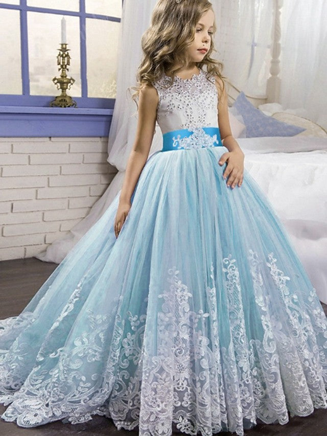 Long Princess Tulle Sleeveless Jewel Neck Wedding Party Flower Girl Dresses With Bow-Babyonlinedress
