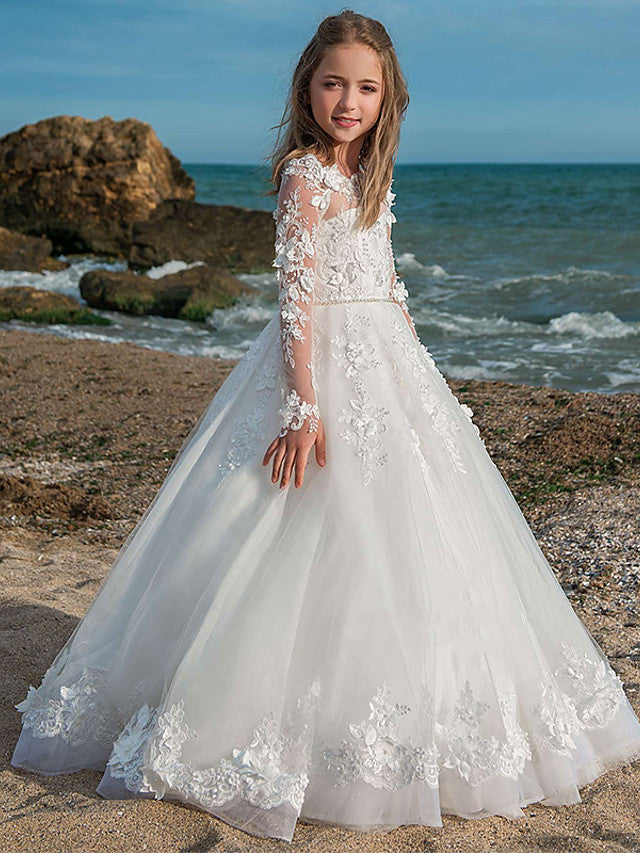 Long Sleeve Ball Gown Jewel Neck Lace Tulle Wedding Party Flower Girl Dresses-Babyonlinedress