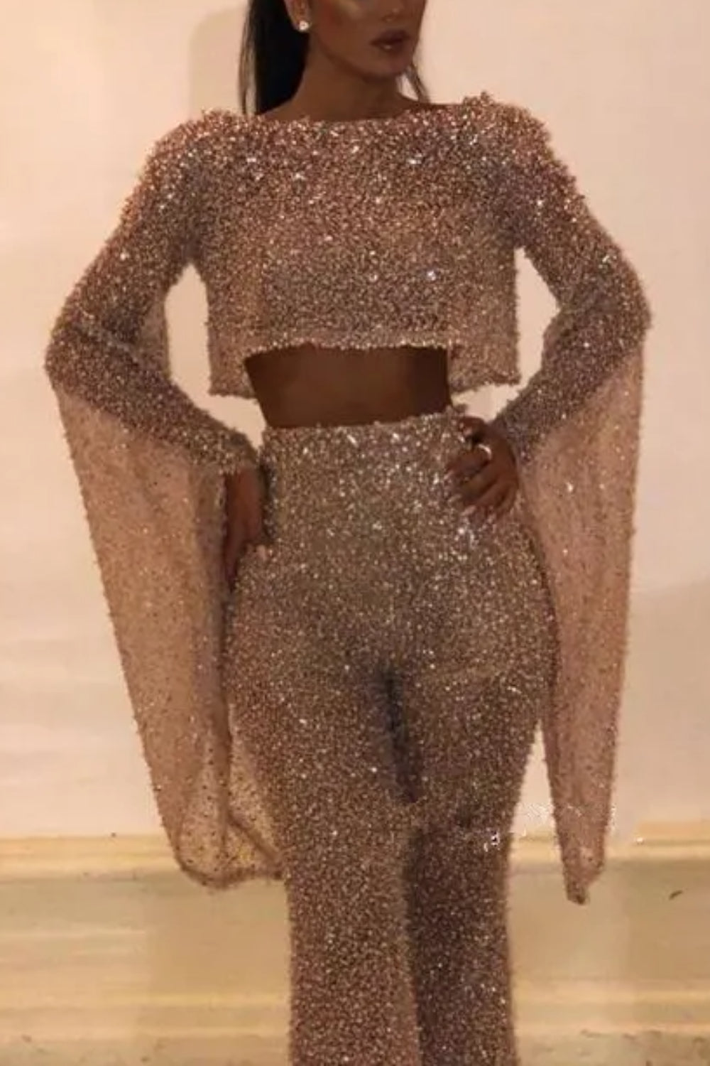 Long Sleeves Sequined Backless Prom Jumpsuits for Women-Babyonlinedress