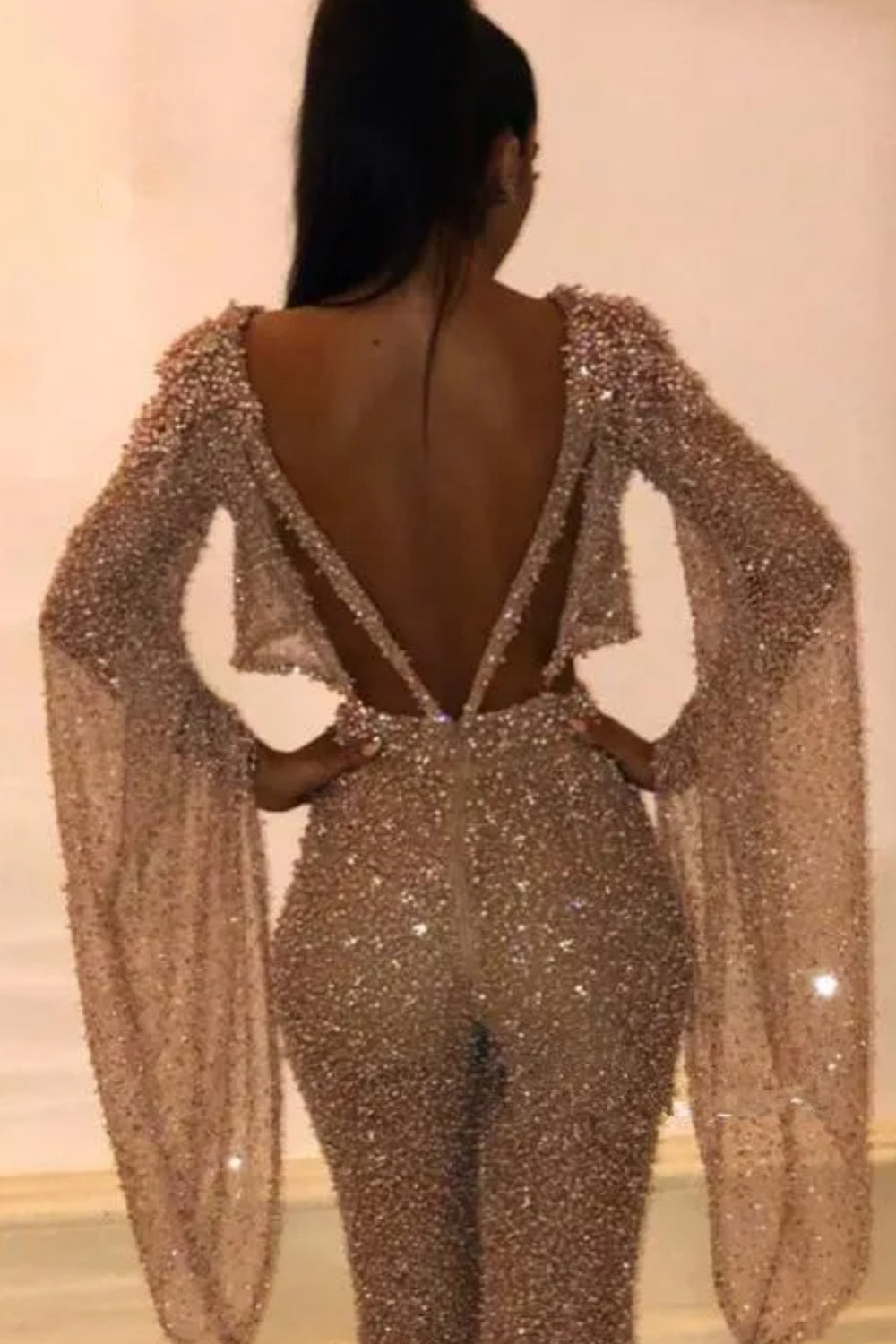 Long Sleeves Sequined Backless Prom Jumpsuits for Women-Babyonlinedress