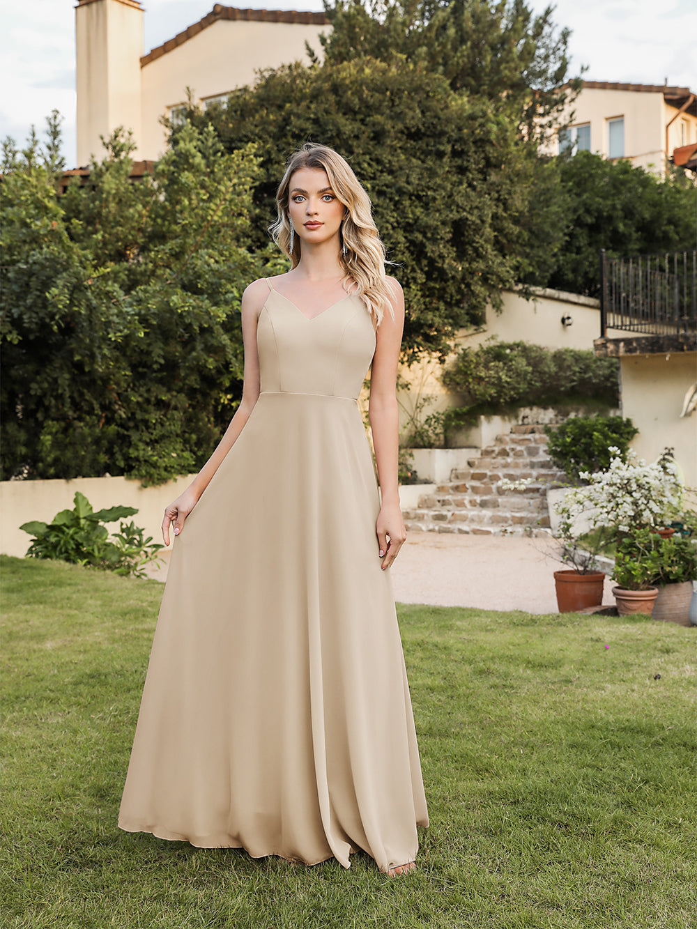 Long V-neck Backless Satin A-line Bridesmaid Dresses-Babyonlinedress