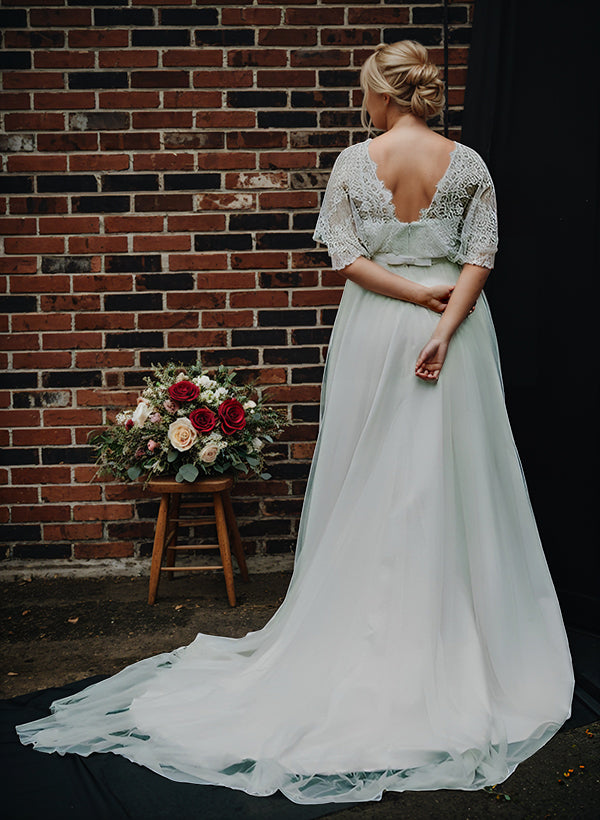 Long V-Neck Boho Lace Plus Size A-Line Wedding Dresses with Sleeves-27dress