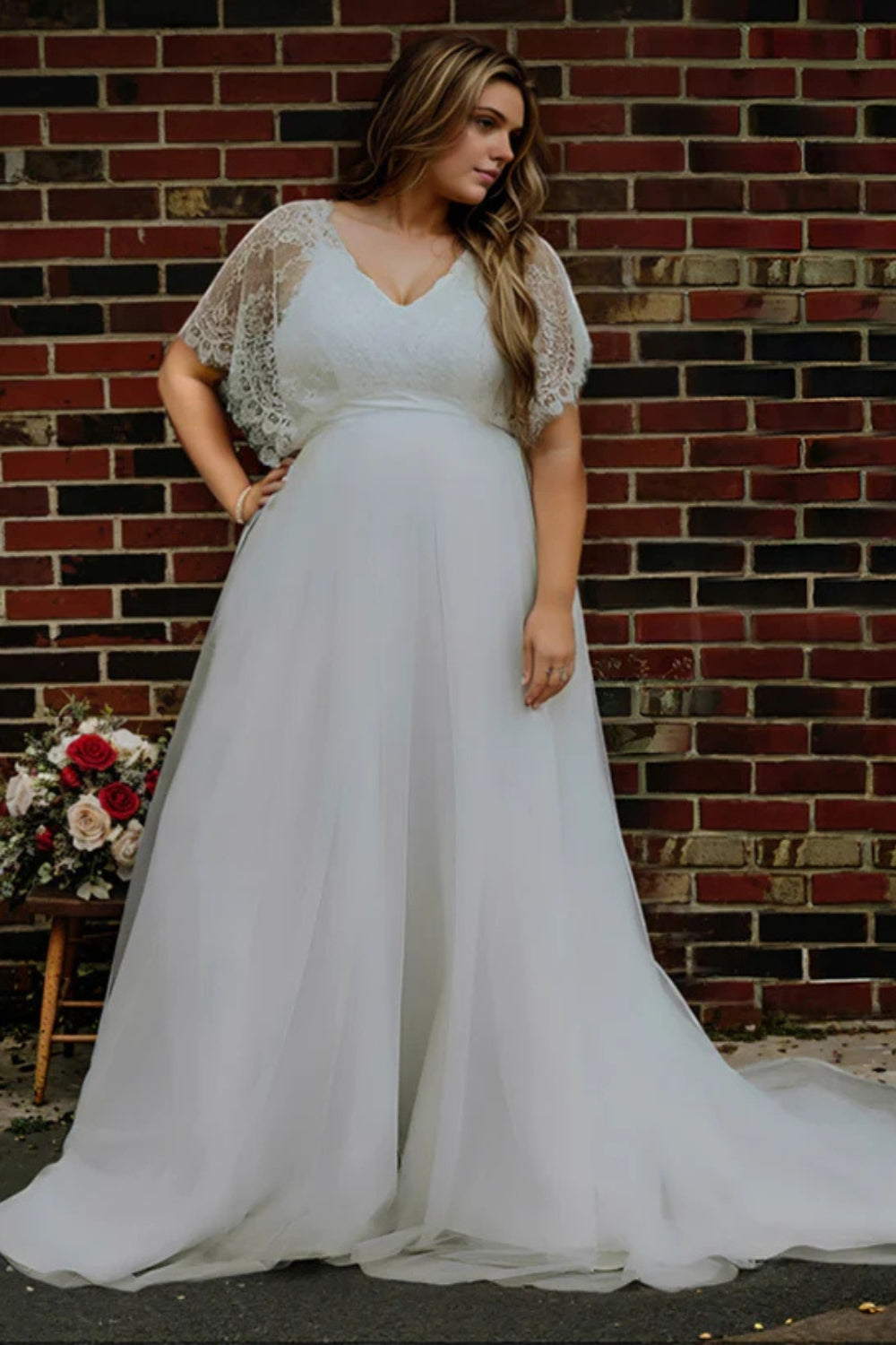 Long V-Neck Boho Lace Plus Size A-Line Wedding Dresses with Sleeves