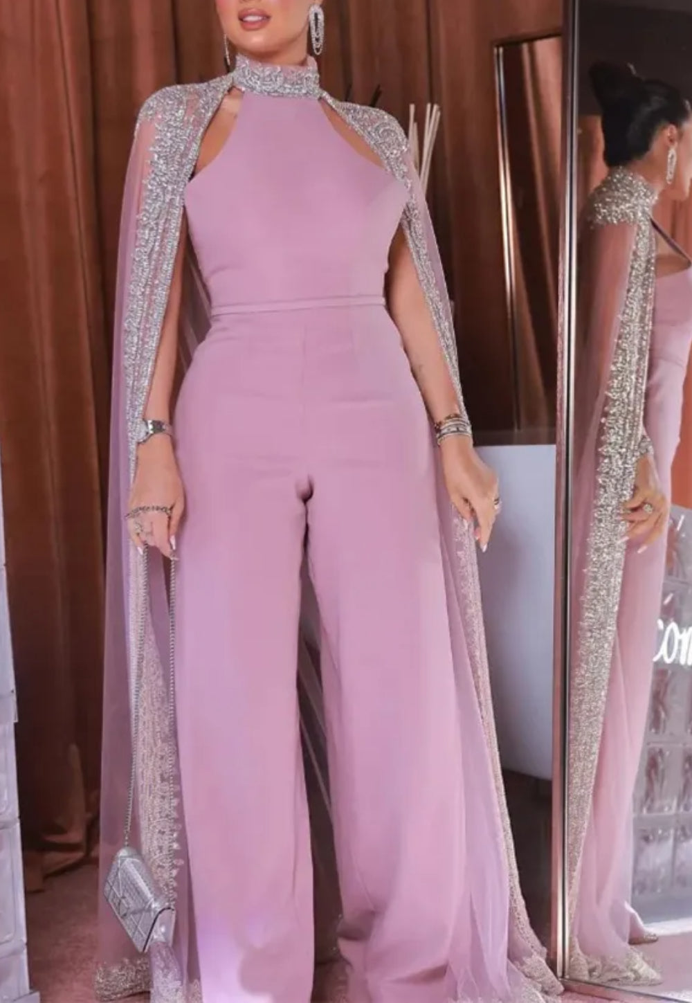 Luxurious Dusty Pink Prom Jumpsuits for Women with Cape-Babyonlinedress