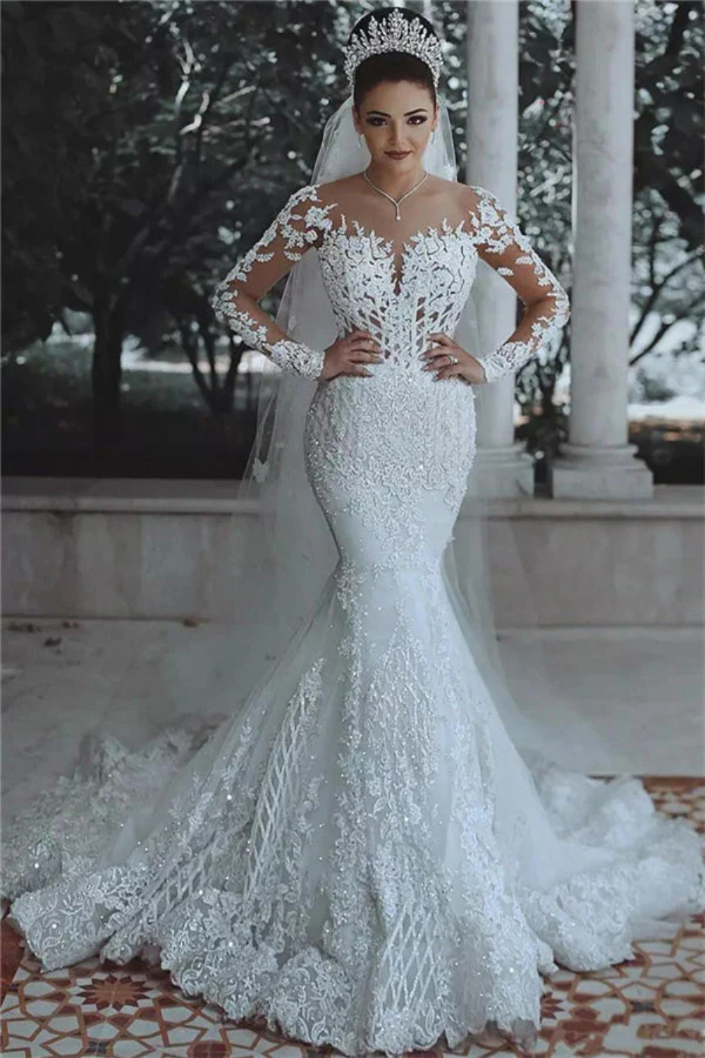 Luxurious Long Sleeves Mermaid Tulle Beaded Lace Wedding Dresses-Babyonlinedress
