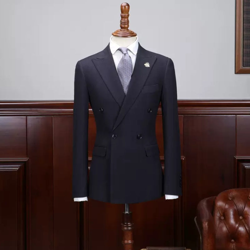 Men Classic Business Suits Dark Blue Peaked Lapel Double Breasted Blazer-Babyonlinedress