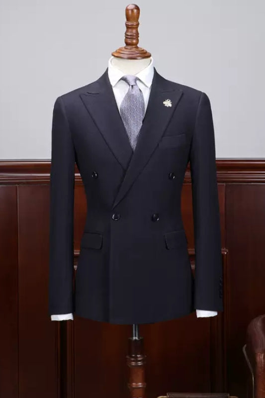 Men Classic Business Suits Dark Blue Peaked Lapel Double Breasted Blazer-Babyonlinedress