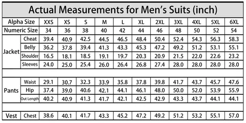 Men Suits Size Chart