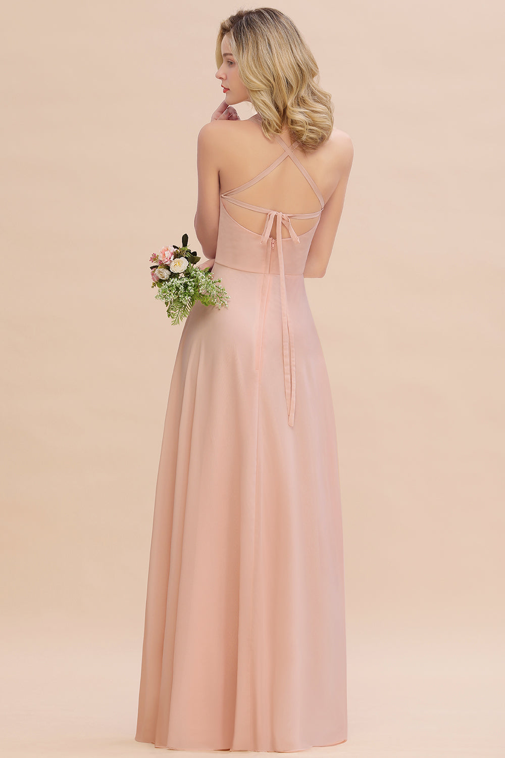 Modern Pink Long Chiffon A-line Open Back Bridesmaid Dress-Babyonlinedress
