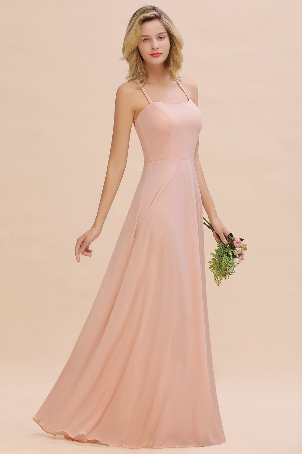 Modern Pink Long Chiffon A-line Open Back Bridesmaid Dress-Babyonlinedress
