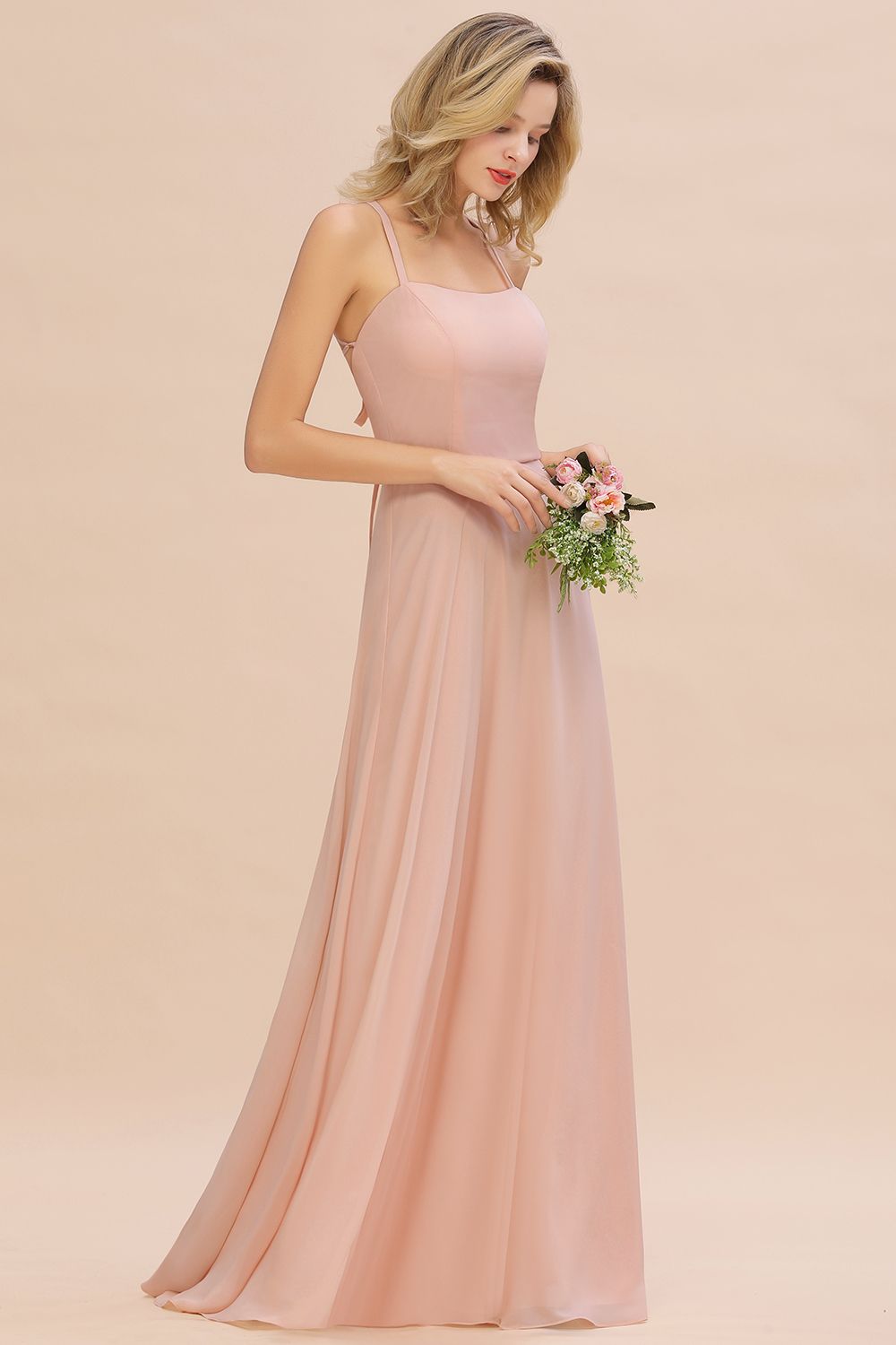 Modern Pink Long Chiffon A-line Open Back Bridesmaid Dress-Babyonlinedress
