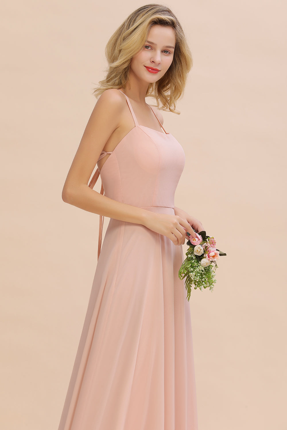 Modern Pink Long Chiffon A-line Open Back Bridesmaid Dress-Babyonlinedress